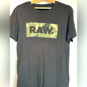 Black G-Star t-shirt with large camouflage letters R A W.